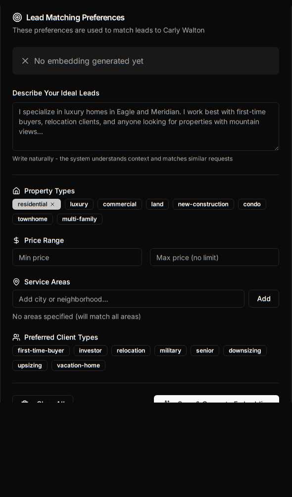 Agent profile with lead matching preferences and specializations