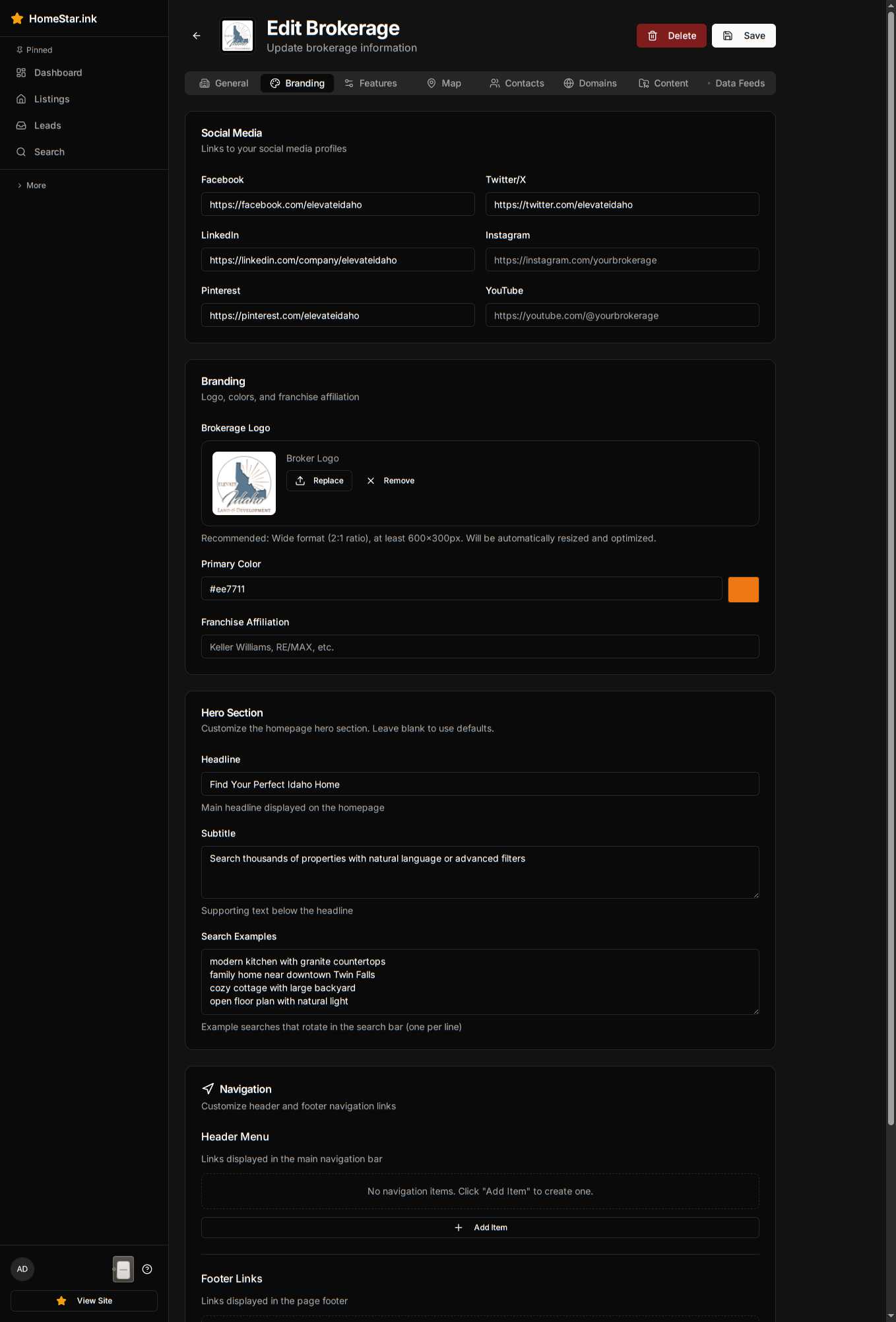 Brokerage branding configuration showing logo, colors, and domain settings